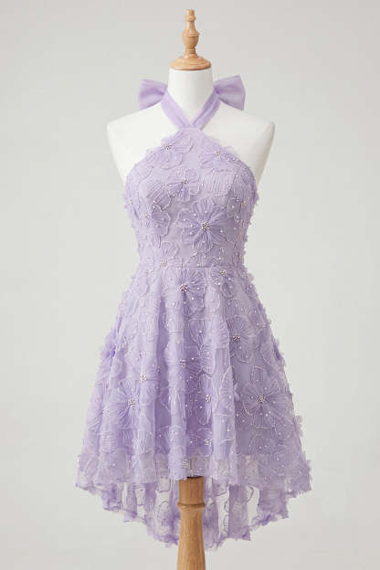 Sparkly Lilac Floral Beaded Halter Short Homecoming Dress