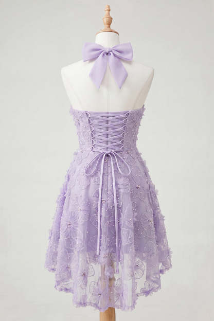 Sparkly Lilac Floral Beaded Halter Short Homecoming Dress