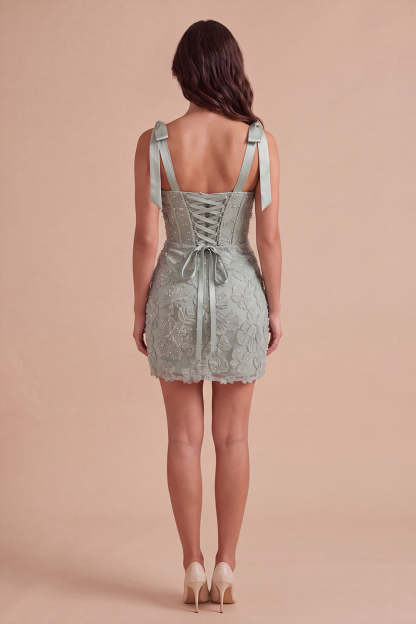 Dusty Sage Sparkly Floral Corset Beaded Short Homecoming Dress