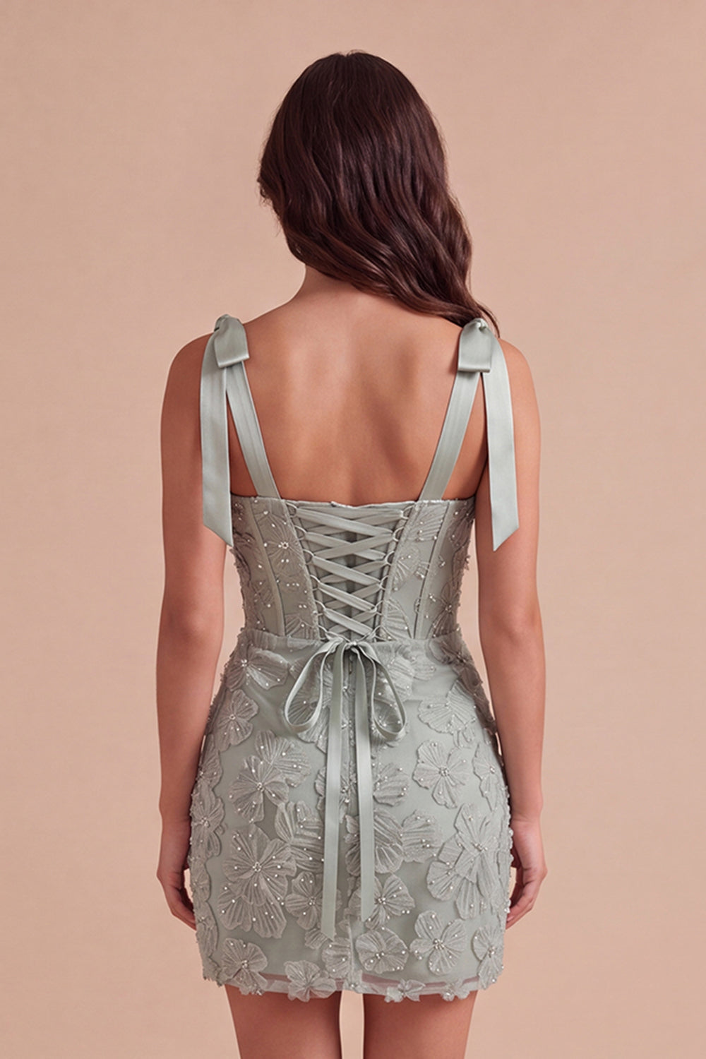 Dusty Sage Sparkly Floral Corset Beaded Short Homecoming Dress