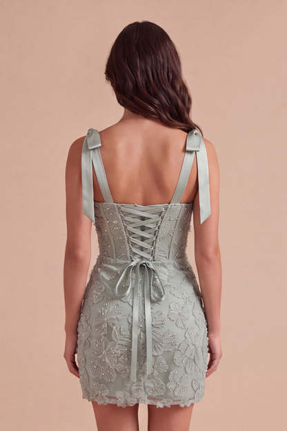 Dusty Sage Sparkly Floral Corset Beaded Short Homecoming Dress