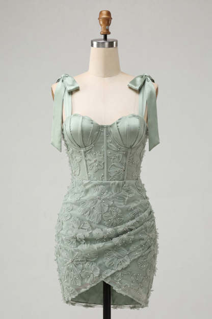 Dusty Sage Sparkly Floral Corset Beaded Short Homecoming Dress