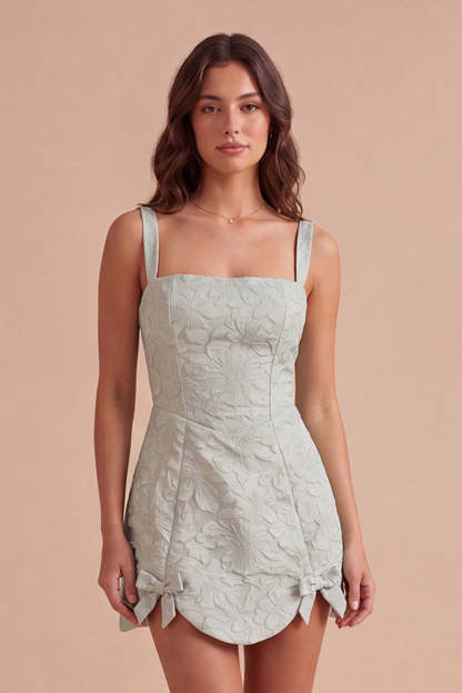 Leely Women Dusty Sage Floral A Line Short Homecoming Dress Jacquard Thick Straps Lace Up Back Cocktail Dress with Bows