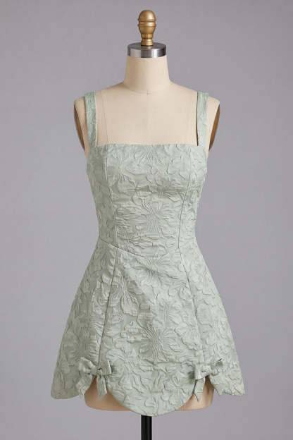 Dusty Sage Floral Jacquard A Line Short Homecoming Dress