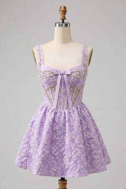 Light Purple Sparkly Beaded Floral Corset Short Homecoming Dress