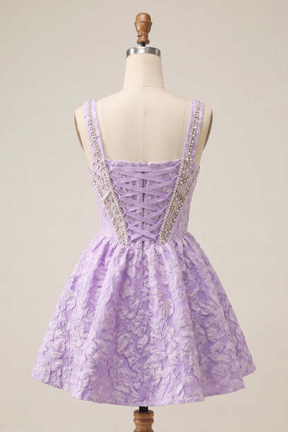 Light Purple Sparkly Beaded Floral Corset Short Homecoming Dress