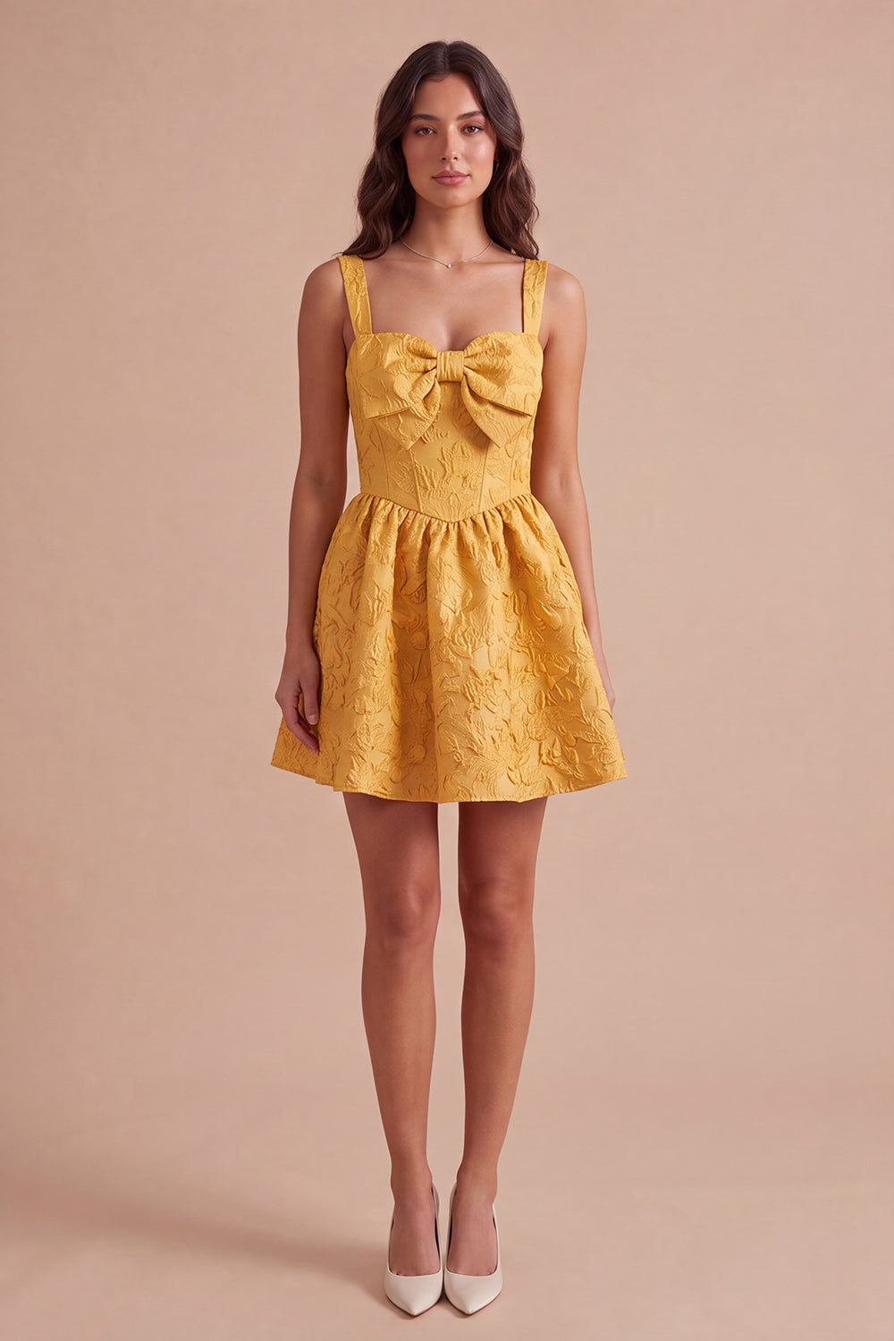 Yellow Floral Jacquard Corset Short Homecoming Dress
