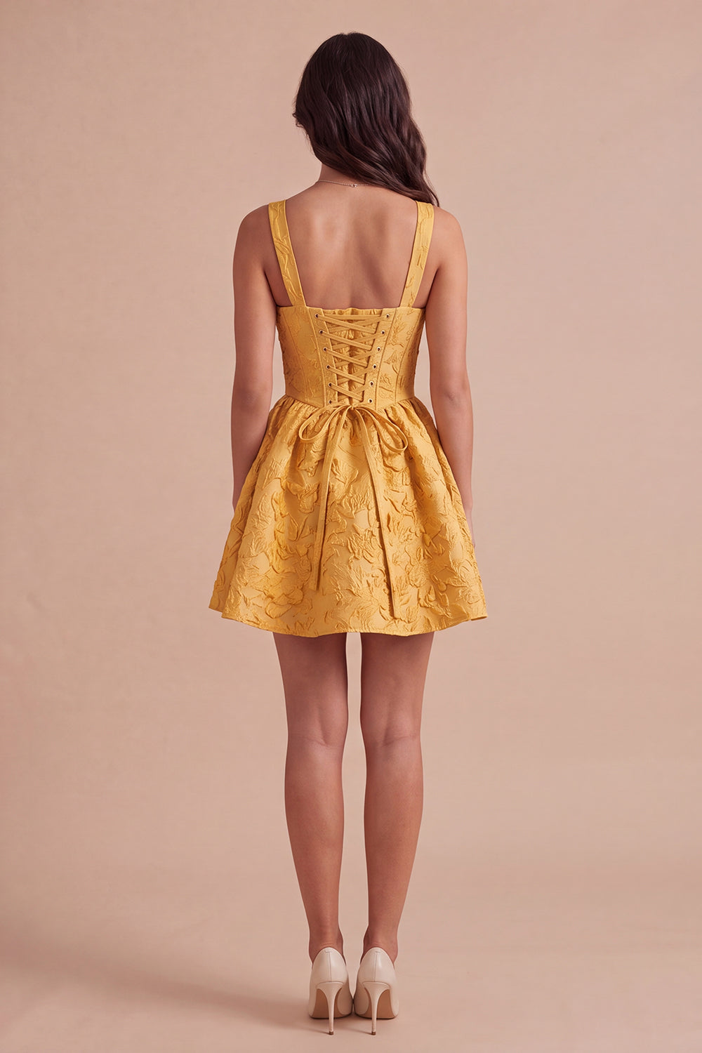 Yellow Floral Jacquard Corset Short Homecoming Dress