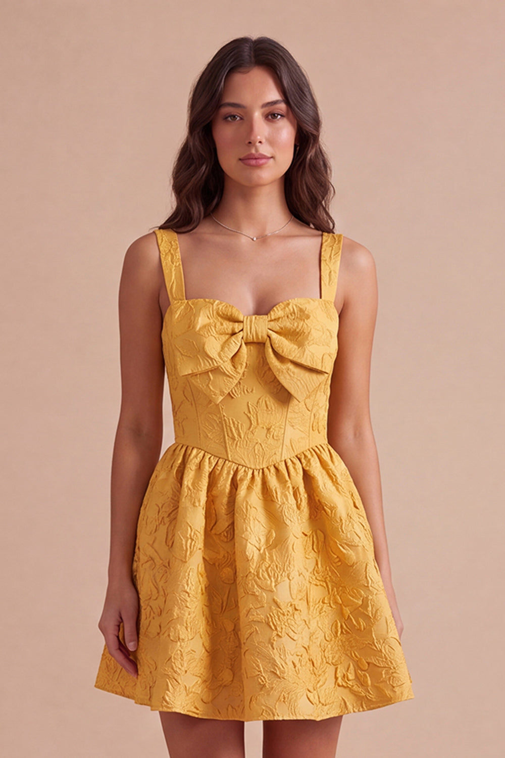 Yellow Floral Jacquard Corset Short Homecoming Dress