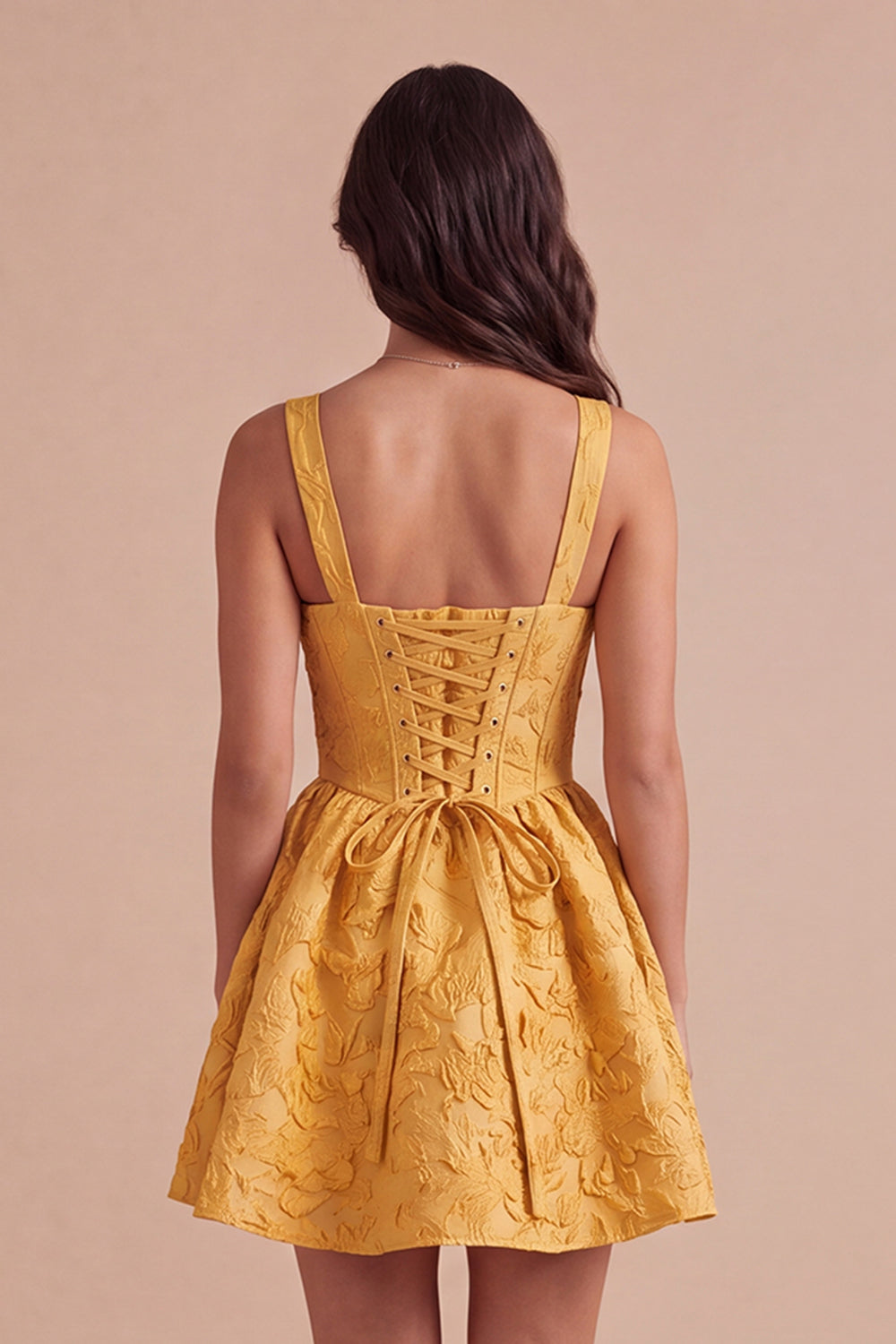 Yellow Floral Jacquard Corset Short Homecoming Dress