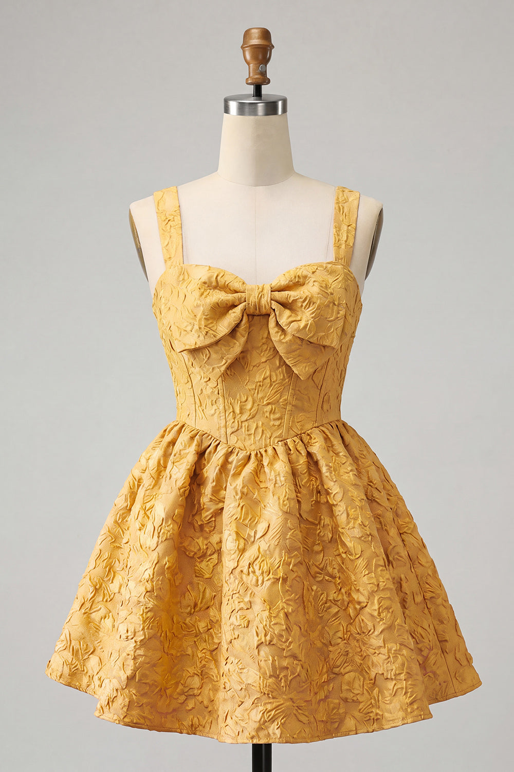Yellow Floral Jacquard Corset Short Homecoming Dress