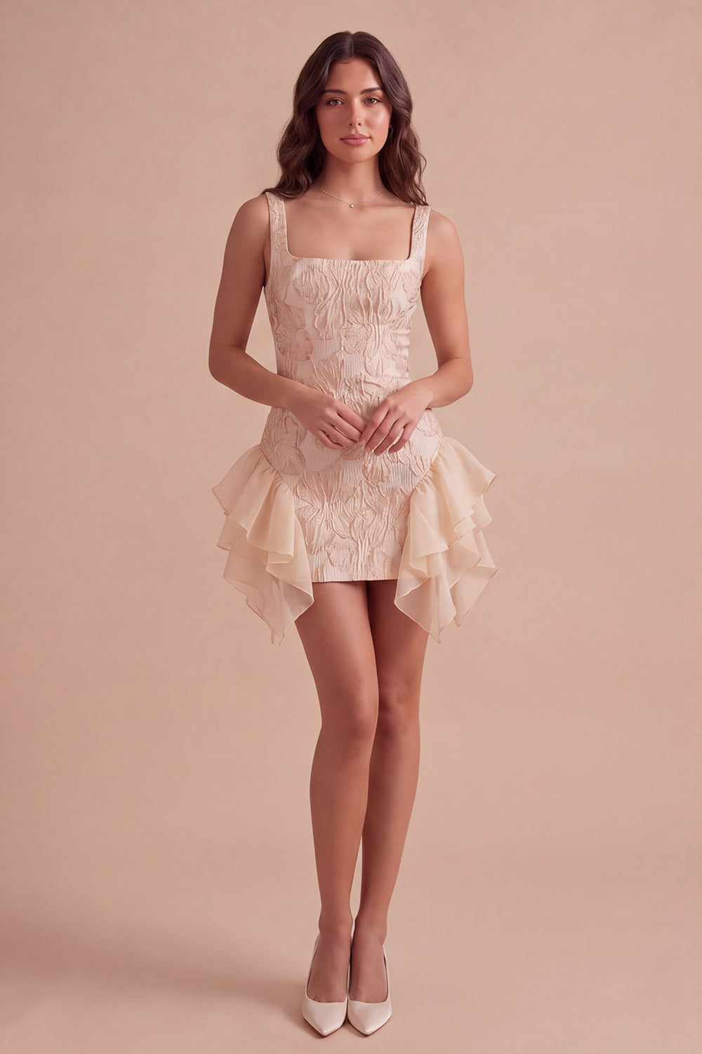 Champagne Ruffled Square Neck Floral Short Homecoming Dress