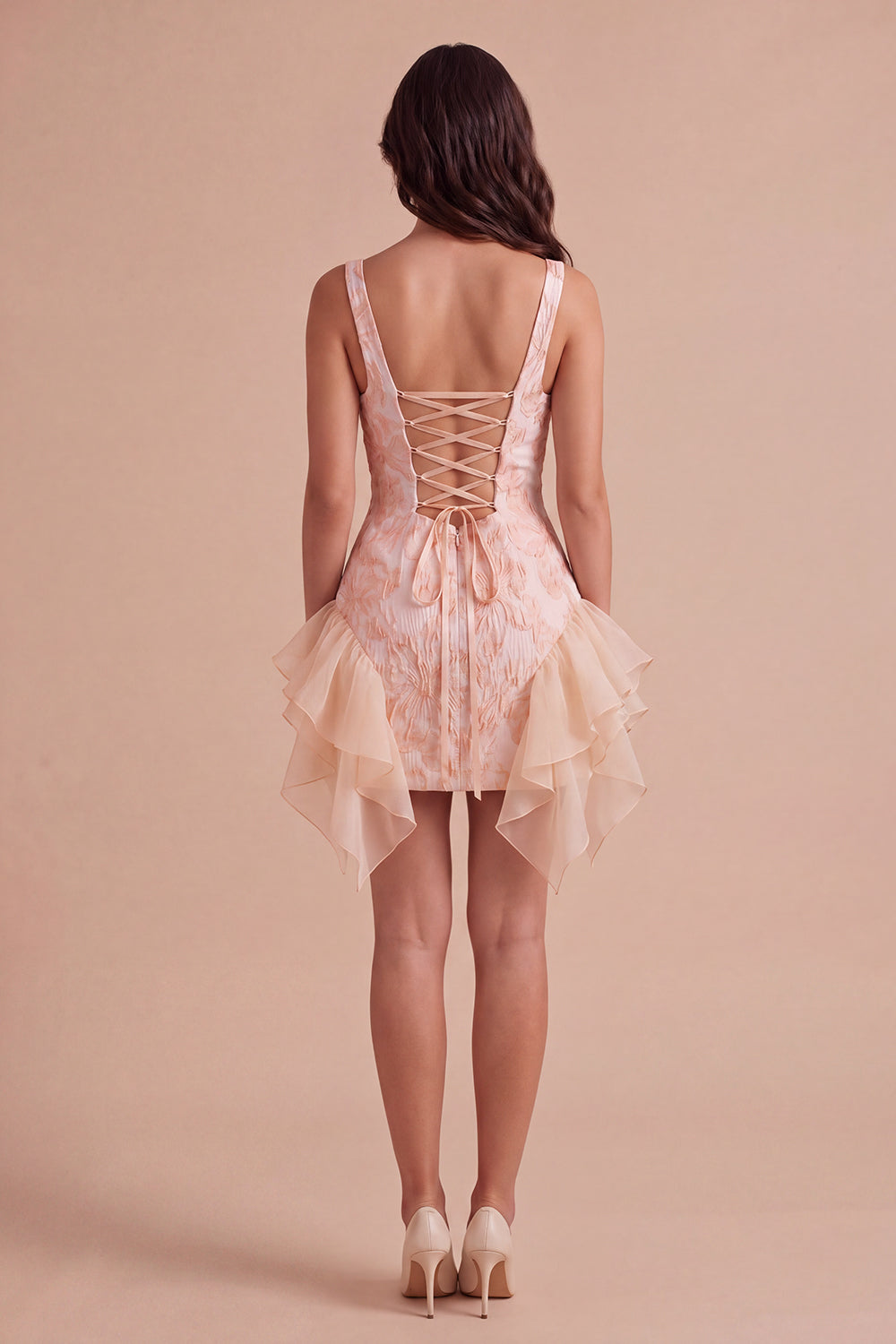 Champagne Ruffled Square Neck Floral Short Homecoming Dress