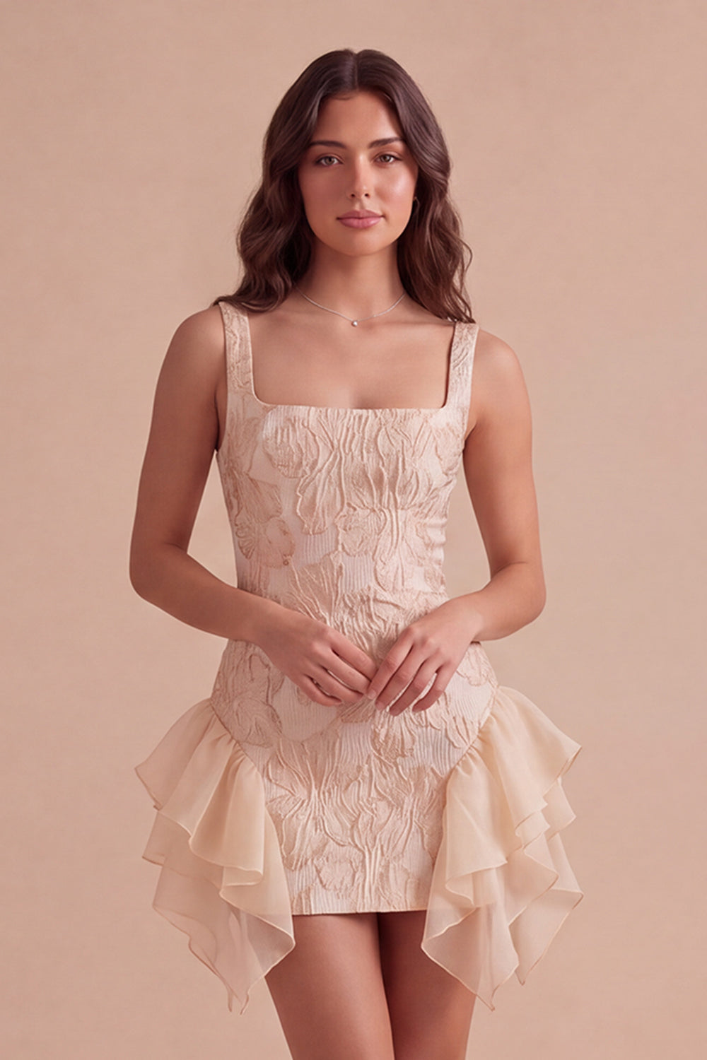 Champagne Ruffled Square Neck Floral Short Homecoming Dress