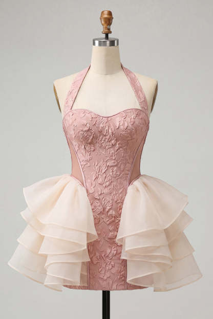 Light Pink Floral Ruffled Bodycon Short Homecoming Dress