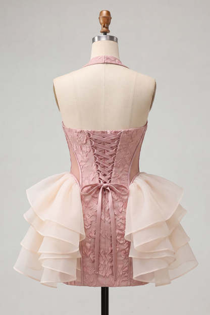 Light Pink Floral Ruffled Bodycon Short Homecoming Dress