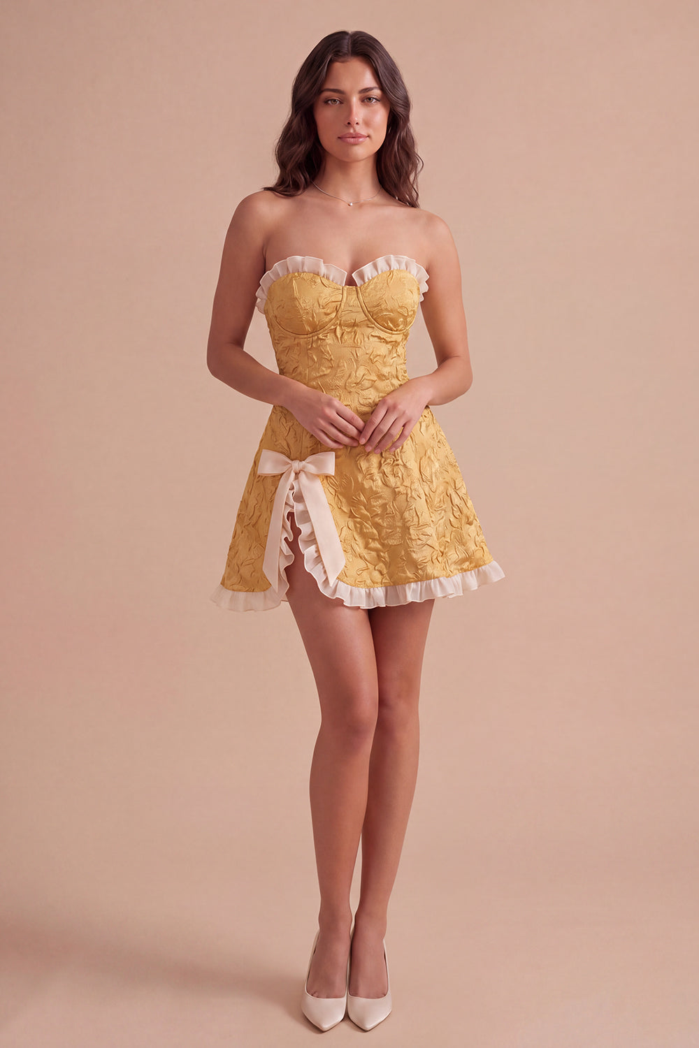 Yellow Floral Ruffled Jacquard Short Homecoming Dress with Slit
