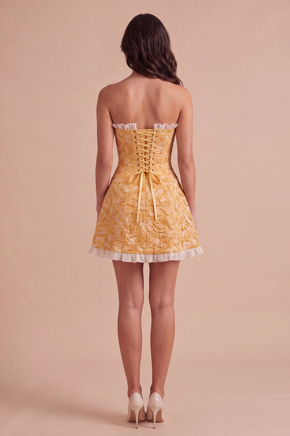 Yellow Floral Ruffled Jacquard Short Homecoming Dress with Slit
