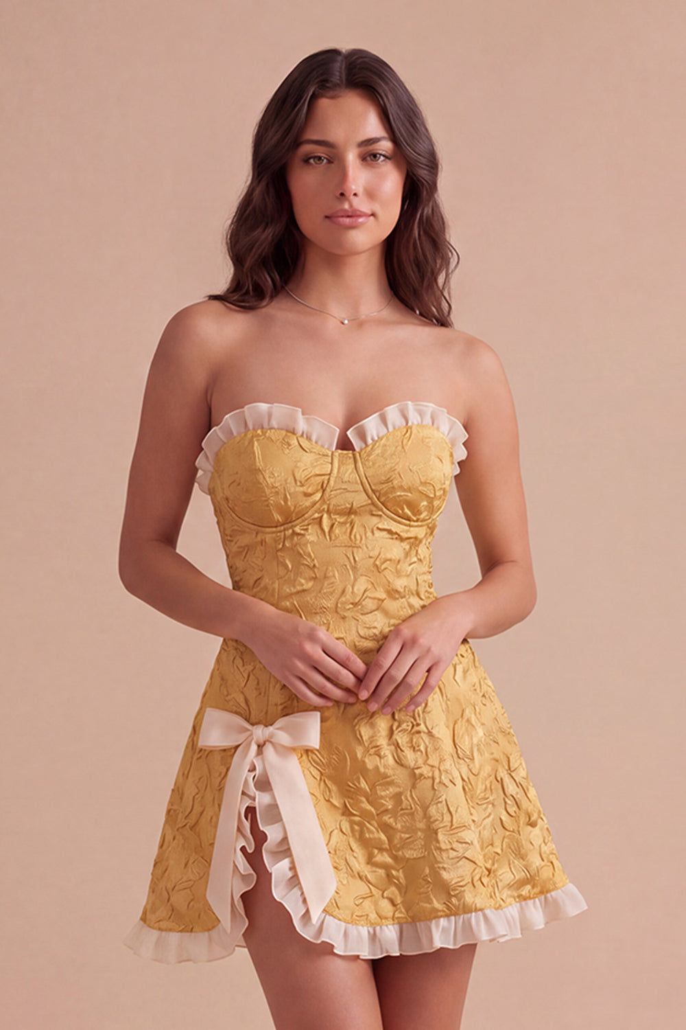 Yellow Floral Ruffled Jacquard Short Homecoming Dress with Slit