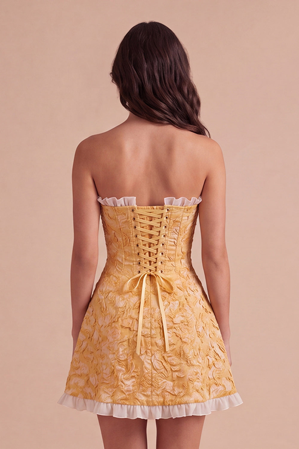 Yellow Floral Ruffled Jacquard Short Homecoming Dress with Slit
