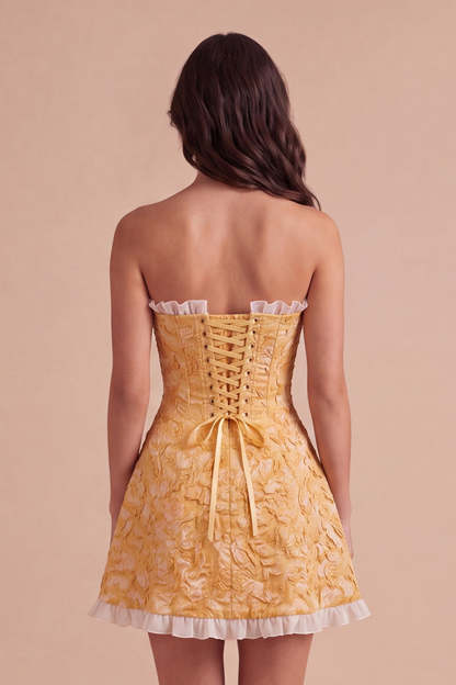 Yellow Floral Ruffled Jacquard Short Homecoming Dress with Slit