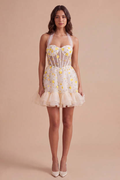 Light Yellow Floral Corset Ruffled Short Homecoming Dress