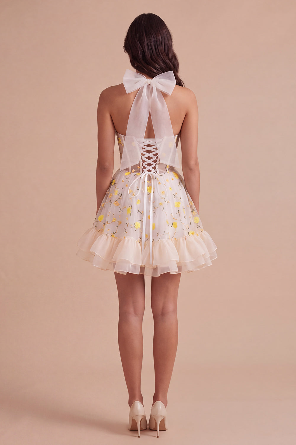 Light Yellow Floral Corset Ruffled Short Homecoming Dress