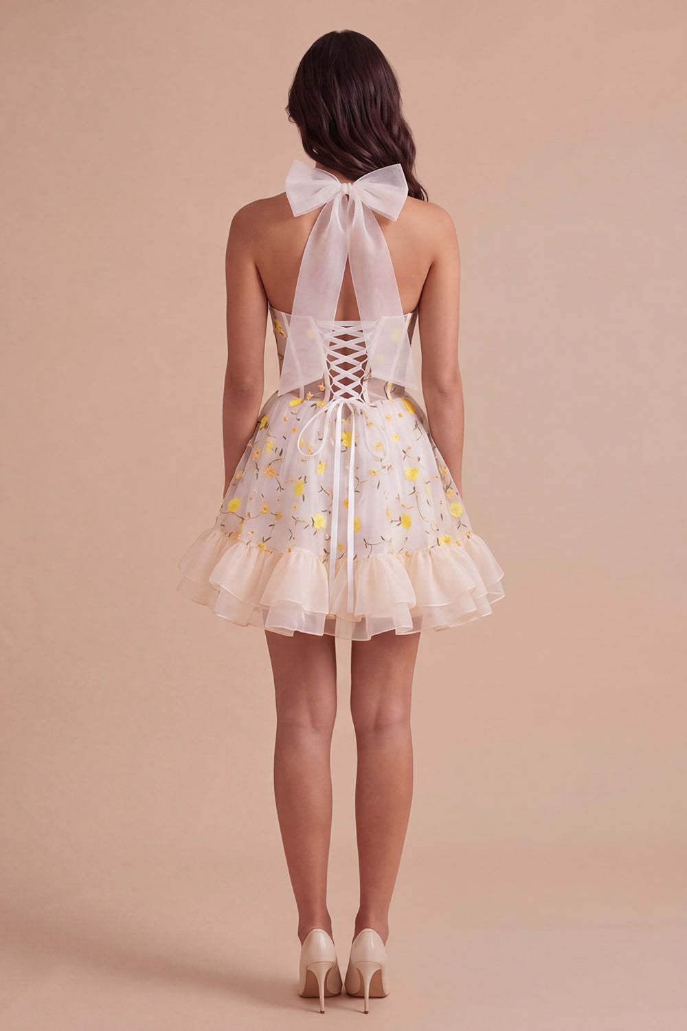 Light Yellow Floral Corset Ruffled Short Homecoming Dress
