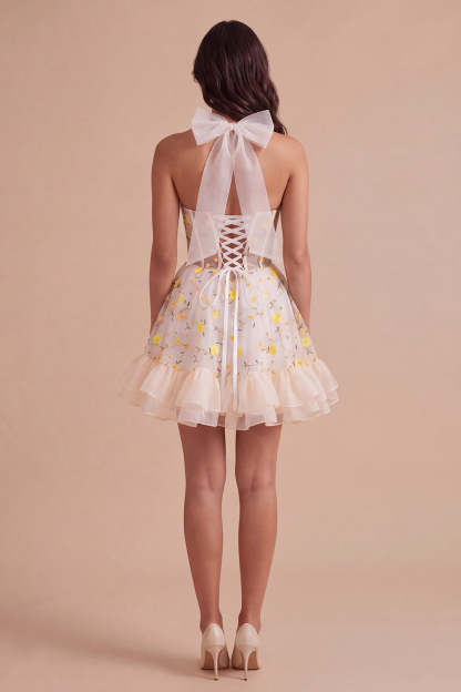 Light Yellow Floral Corset Ruffled Short Homecoming Dress