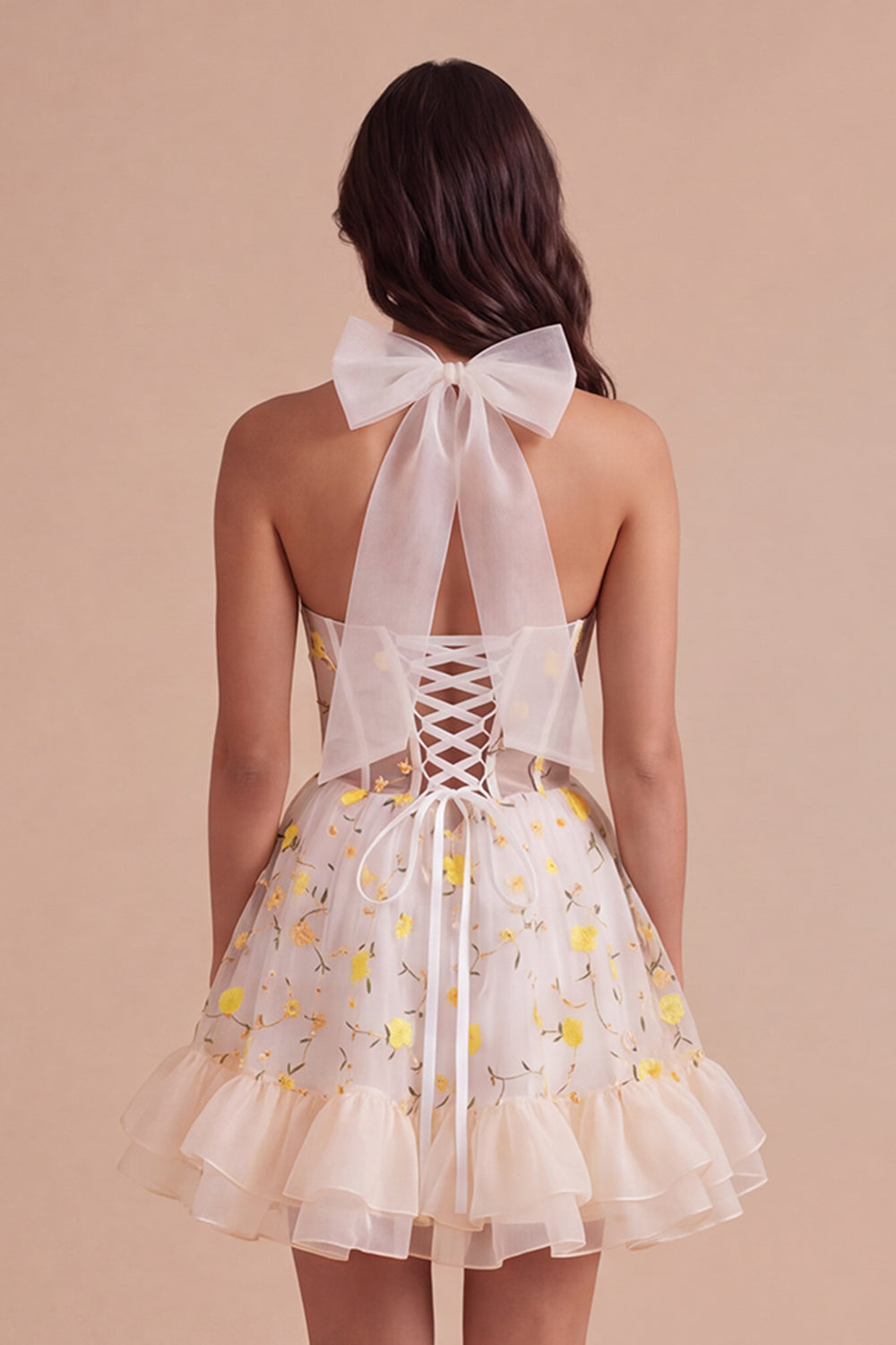 Light Yellow Floral Corset Ruffled Short Homecoming Dress