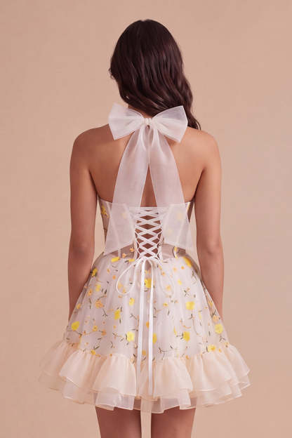 Light Yellow Floral Corset Ruffled Short Homecoming Dress