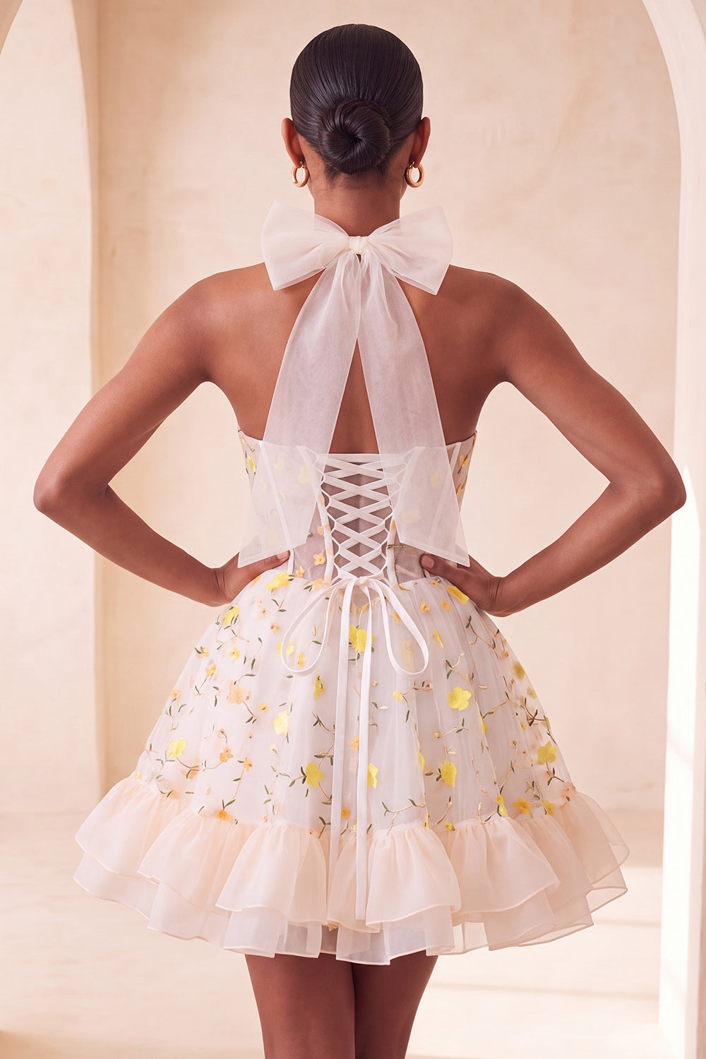 Light Yellow Floral Corset Ruffled Short Homecoming Dress
