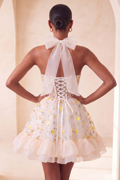 Light Yellow Floral Corset Ruffled Short Homecoming Dress