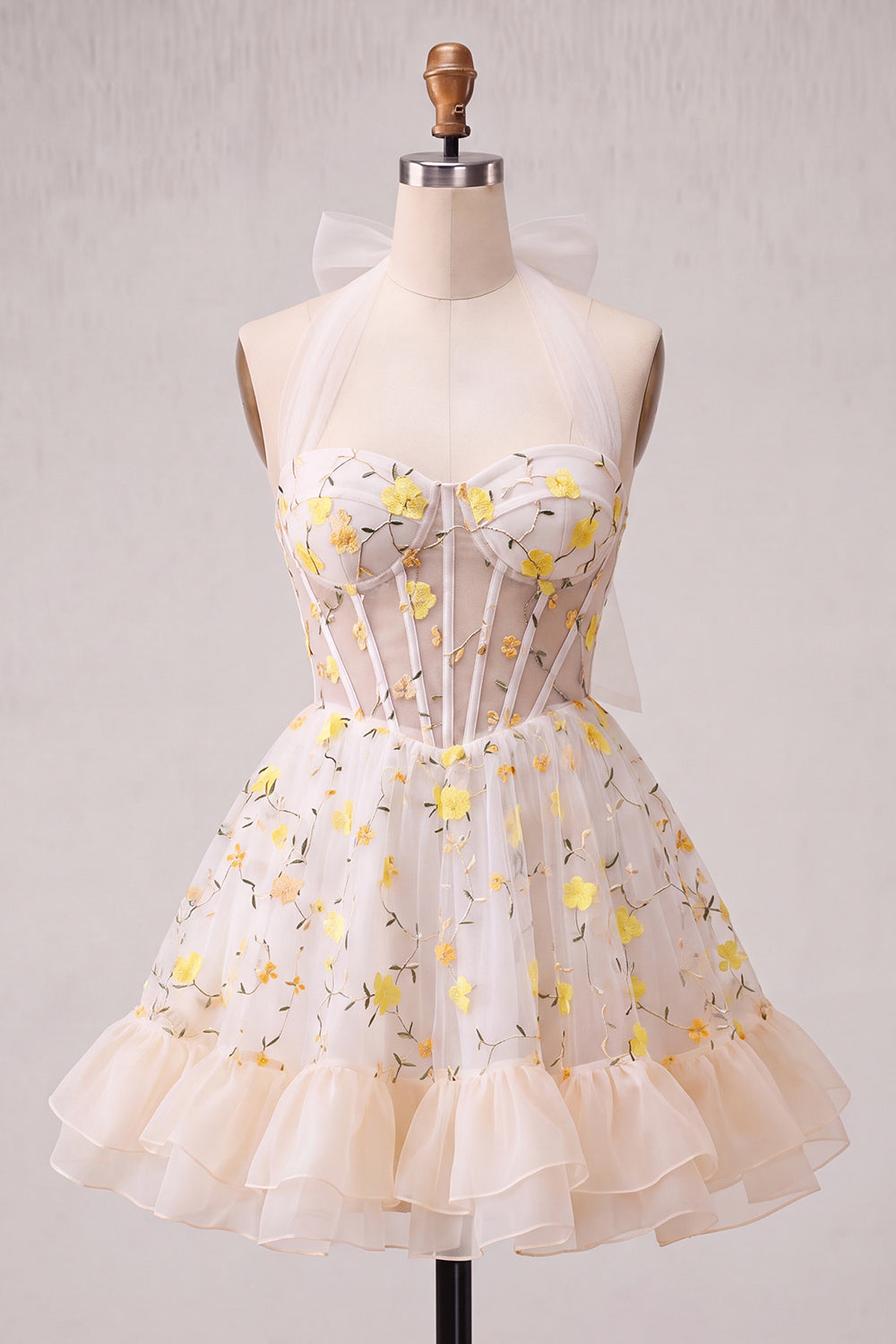 Light Yellow Floral Corset Ruffled Short Homecoming Dress
