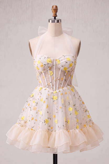Light Yellow Floral Corset Ruffled Short Homecoming Dress