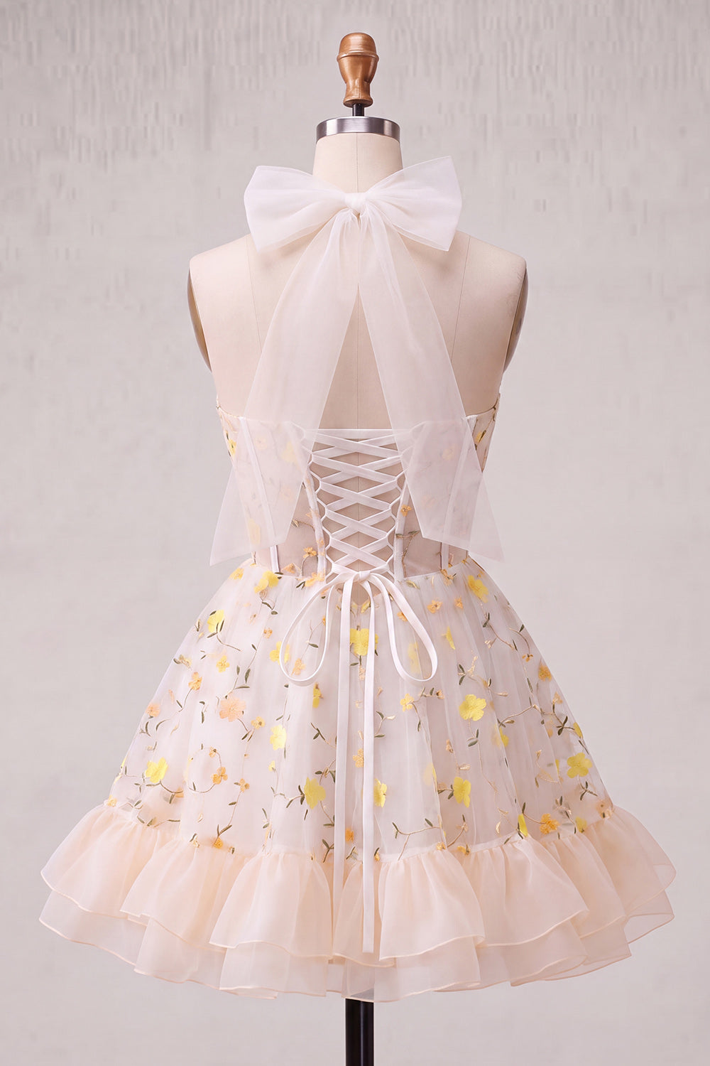 Light Yellow Floral Corset Ruffled Short Homecoming Dress
