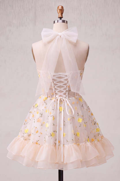 Light Yellow Floral Corset Ruffled Short Homecoming Dress