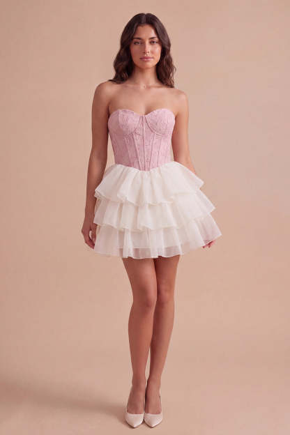 Pink Ruffled Corset Floral Sweetheart Short Homecoming Dress