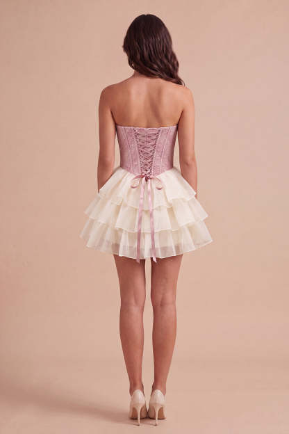 Pink Ruffled Corset Floral Sweetheart Short Homecoming Dress