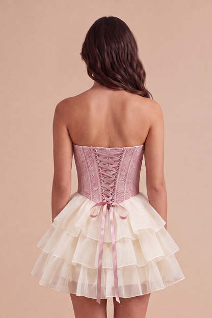Pink Ruffled Corset Floral Sweetheart Short Homecoming Dress