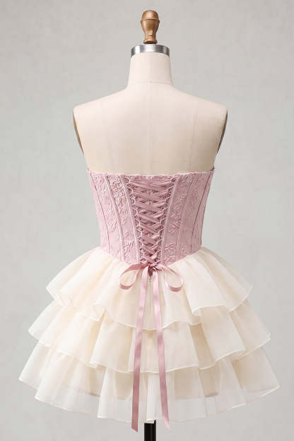 Pink Ruffled Corset Floral Sweetheart Short Homecoming Dress
