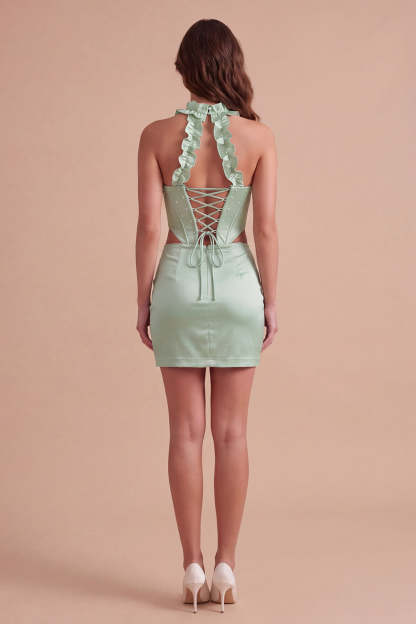 Mint Green Corset Beaded Short Homecoming Dress with Slit