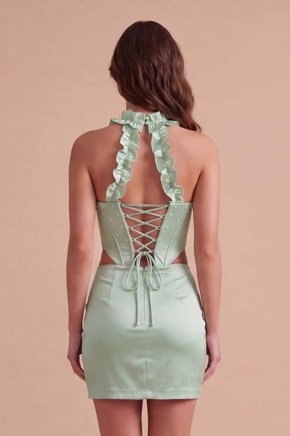 Mint Green Corset Beaded Short Homecoming Dress with Slit