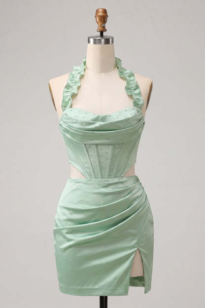 Mint Green Corset Beaded Short Homecoming Dress with Slit