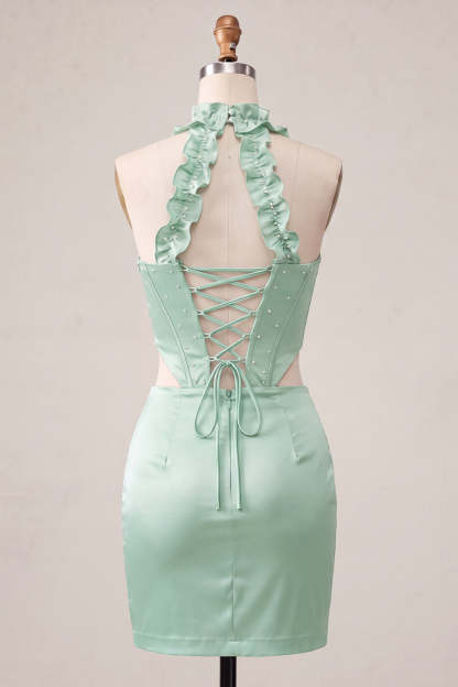 Mint Green Corset Beaded Short Homecoming Dress with Slit