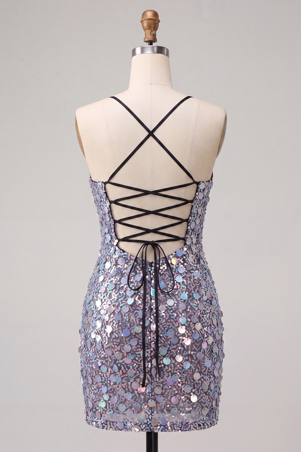 Leely Women Sparkly Silver Sequin Spaghetti Straps Short Homecoming Dress Bodycon Crossed Straps Birthday Dress