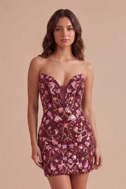 Leely Women Sparkly Red Floral Sequin Short Homecoming Dress Lace Up Back Strapless Bodycon Birthday Dress
