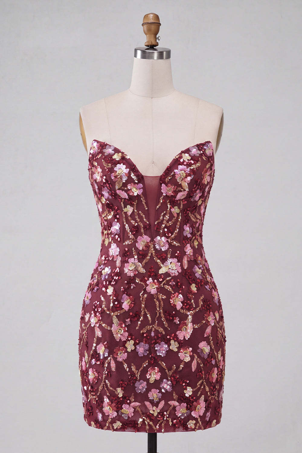 Sparkly Red Floral Sequin Strapless Short Homecoming Dress