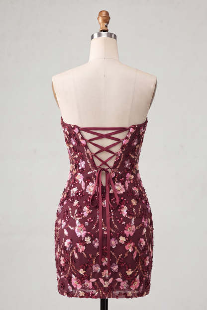 Sparkly Red Floral Sequin Strapless Short Homecoming Dress