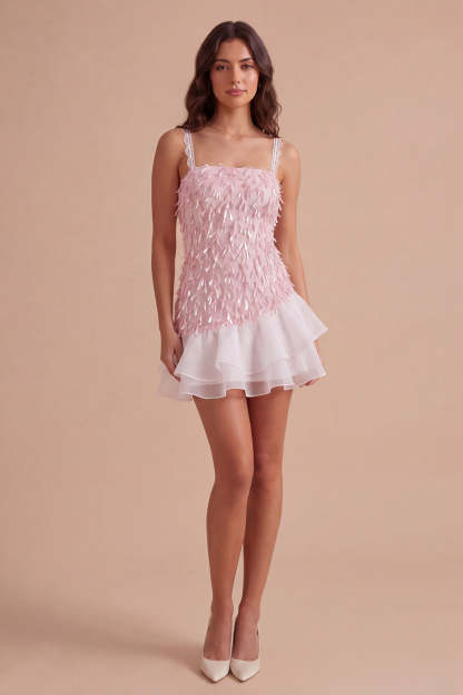 Sparkly Pink Sequin Square Neck Short Homecoming Dress